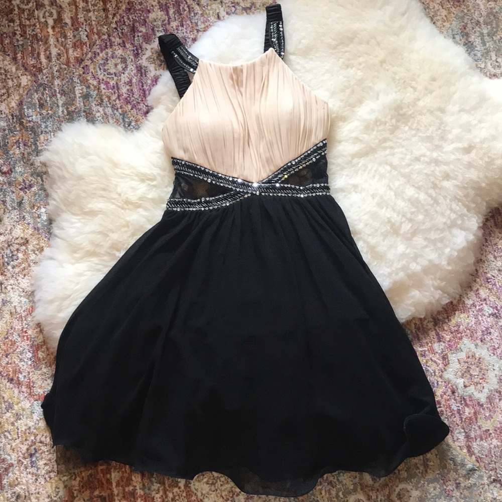 Little Mistress Lace Insert Embellished Prom Dress